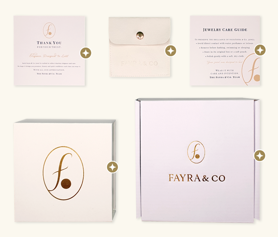 Fayra & Co packaging in beige with gold logo